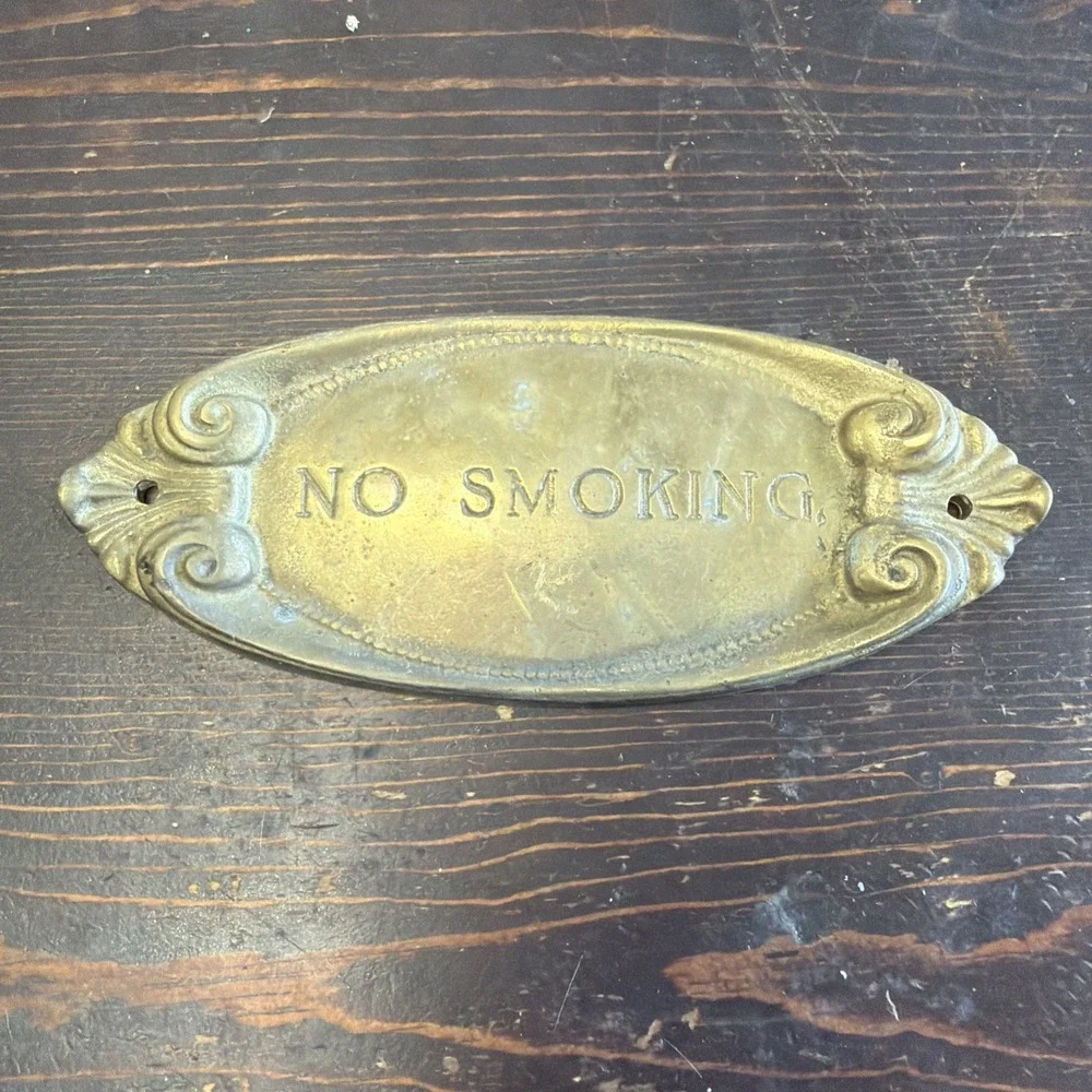 Vintage 1970s Solid Brass No Smoking Sign Plaque Wood Wall Mount Office Library